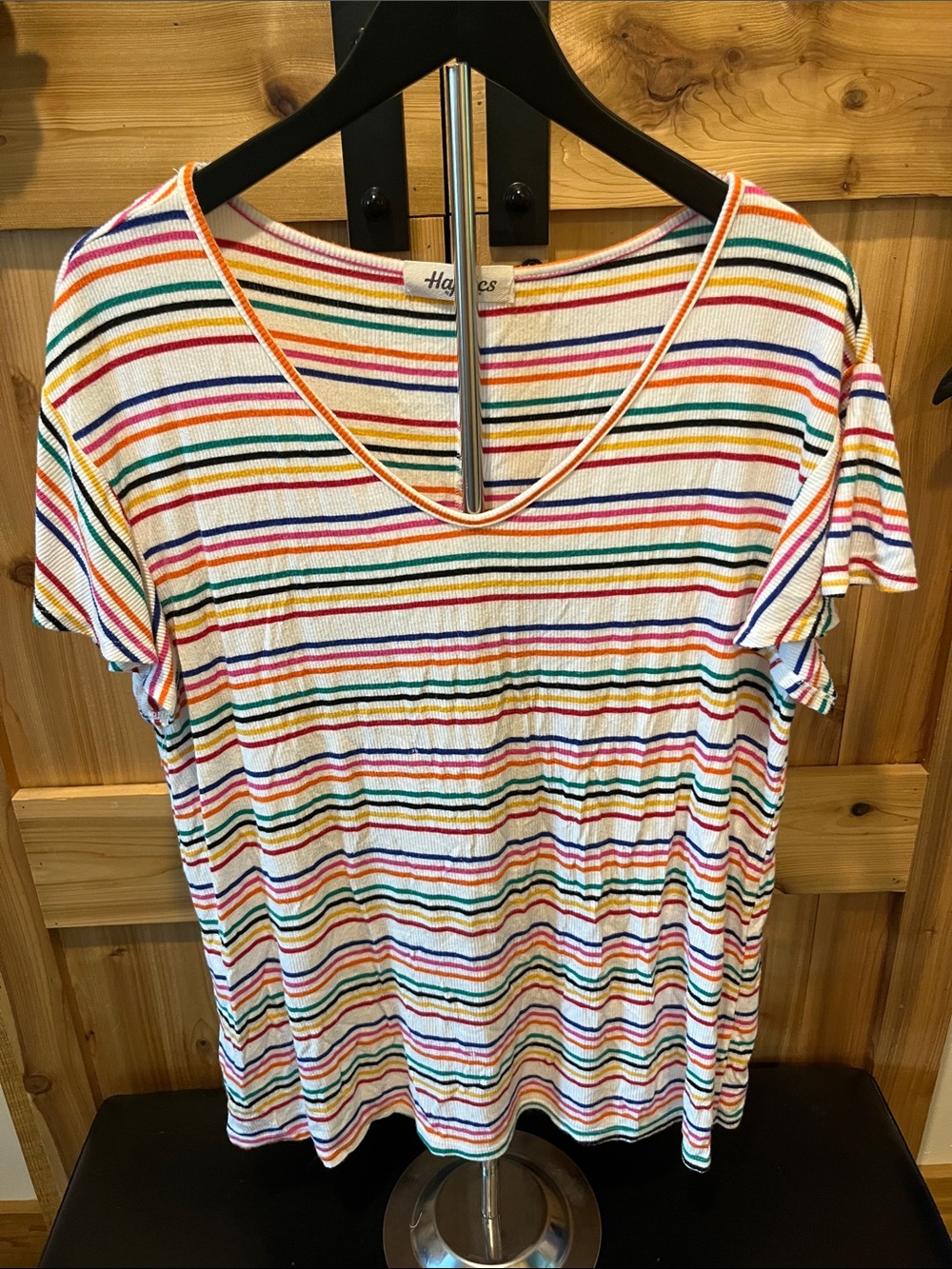 Haptics White Short Sleeve V-Neck Tee with Rainbow Stripes